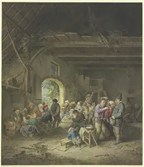 Celebrations Prints: Celebrating farmers in a barn, 1778. Creator: Jacobus Buys