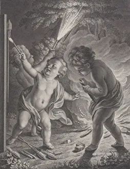 Images Dated 29th September 2020: Celebrating Peace (Rejouissances pour la paix), three putti with fireworks, 1745-71