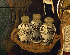 Bernat Gallery: Ceramics of the period, detail of the Transfiguration altarpiece, 1445-1452. Tempera on wood