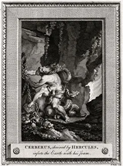 Cerberus, chained by Hercules, infects the Earth with his foam, 1774. Artist: W Walker