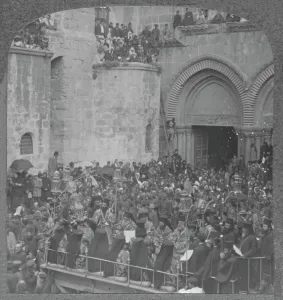 Holy Sepulchure Prints: Ceremony of washing the Disciples feet at the Church of the Holy Sepulchure, c1900