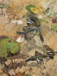 Chick Prints: Chaffinches and Dragonflies. Five studies in one frame, 1885. Creator: Bruno Liljefors