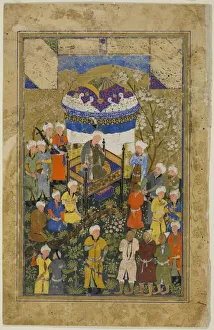 Sadi Prints: Chained Prisoners are Brought Before a King, a scene from the Gulistan of Sa di, c. 1550