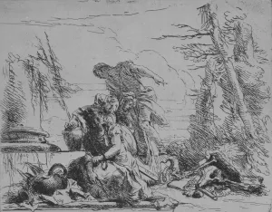 Captivity Gallery: Chained Woman and Other Figures Regarding a Pyre of Bones, from the Capricci, 1743