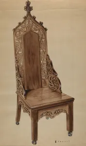 Wheels Prints: Chair with Carved Grape Leaf Decoration and Gothic Top, c. 1937. Creator: Robert Stewart