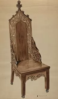 Chair with Carved Grape Leaf Decoration and Gothic Top, c. 1937. Creator: Robert Stewart