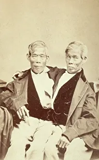 Southeast Asia Prints: Chang and Eng, conjoined twins, seated, c1860. Creator: Unknown