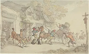 Posting House Prints: Changing Horses at a Post House in France, c. 1790. Creator: Thomas Rowlandson