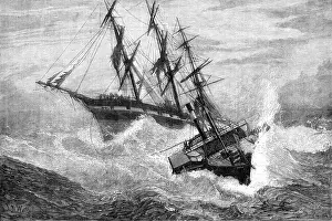 Wells J R Prints: A Channel tug trying to get a rope on board a distressed vessel in a storm