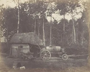 Salted Paper Print Blanquart And Xe9 Prints: Charette devant l entree d un abri au toit de chaume, 1850-53. Creator: Unknown
