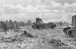 J Simont Prints: Un charge de tanks; des tanks rapides de l'armee Britannique chargent et dispersent
