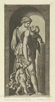 Charity personified by a woman with two childen, from 'The Virtues', ca. 1515-25. Creator: Marcantonio Raimondi