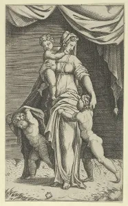 Raimondi Marcantonio Prints: Charity personified by a woman with three children, ca. 1520-40. Creator: Anon