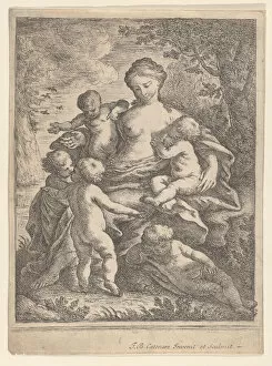 Breastfeeding Gallery: Charity, seated in a landscape surrounded by five nude children, 1692-1727