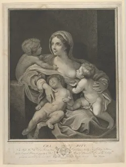 Maternal Prints: Charity seated nursing an infant, another sleeping on her lap and a third talking to her
