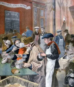 Charity of the students; the soup kitchen at Butte-aux-Cailles, Paris, 1894. Artist: Oswaldo Tofani Charity of the students; the soup kitchen at Butte-aux-Cailles, Paris, 1894. Artist: Oswaldo Tofani