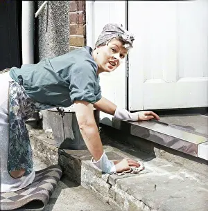 Cleaning Prints: Charlady scrubbing steps, c1955. Creator: Arthur Charles Kirby Ware