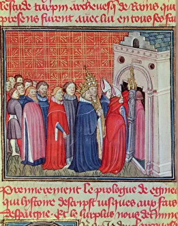 Charlemagne crowned Emperor of the West (800-814) enters in a church followed by prelates Charlemagne crowned Emperor of the West (800-814) enters in a church followed by prelates