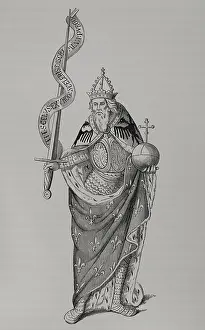 Charlemagne holding the globus cruciger in one hand and the sword in the other, 1878. Creator: Unknown