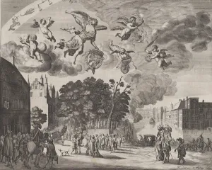 King Charles The Second Prints: Charles II entering The Hague in a carriage with the Mauritshuis on the right