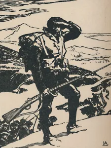 Louis Auguste Lepere Prints: Chasseur Alpin Regardant La Plaine Du Rhin, 1919. Artist: Auguste Lepere