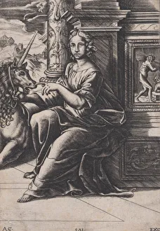 Agostino Prints: Chastity, a woman seated, a unicorn to her right, c. 1515-30. Creator: Agostino Veneziano