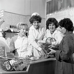 Shopping Basket Prints: Checkout girls at a supermarket opening, Broughs Ltd, Thurnscoe, South Yorkshire, 1963