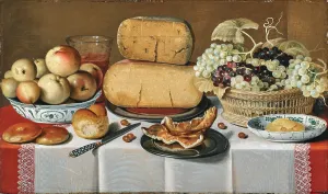 Cheese Prints: Cheeses on a pewter plate, grapes in a basket