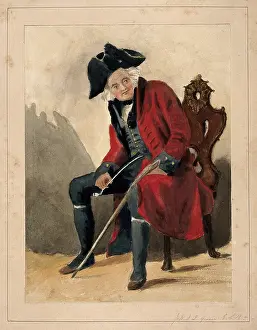 Tricorn Prints: A Chelsea Pensioner, seated, wearing a red coat and tricorn hat