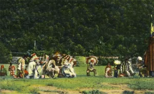 Curt Teich And Prints: Cherokee Indians in Full Native Costume in one of their Ceremonial Dances - On Cherokee