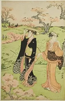 Center Sheet Of Oban Triptych Gallery: Cherry Blossom Viewing at Asuka Hill, c. 1787. Creator: Torii Kiyonaga