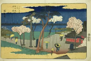 Cherry Blossoms in Rain at the Sumida Embankment (Sumida zutsumi uchu no sakura)... c. 1832/34. Creator: Ando Hiroshige