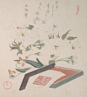 Set Square Prints: Cherry Blossoms and Seal-box with Ink and Ruler, 19th century. Creator: Kubo Shunman