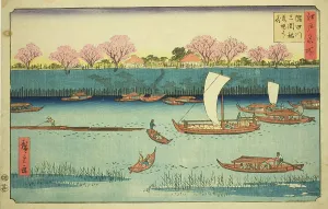Cherry Trees along the Sumida River Embankment at the Mimeguri Inari Shrine... c. 1840/58. Creator: Ando Hiroshige