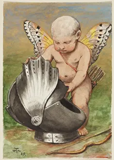 Lifting Prints: Cherub with Helmet, 1889. Creator: Hans Thoma