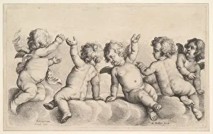 Wenceslaus And Xa0 Prints: Three Cherubs and Two Boys on Clouds, 1620-77. Creator: Wenceslaus Hollar