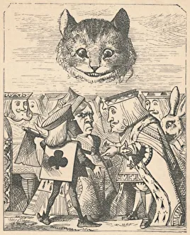 Nonsense Prints: The Cheshire Cat looking down at the Red King and Queen having an argument