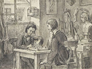 Game Collection: The chess players in the sculptor's studio, around 1870. Creator: Joseph Eugen Horwarter
