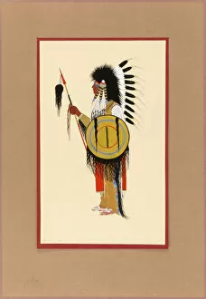 Plains Indian Gallery: Cheyenne Warrior in Feather Headdress with Shield, ca. 1915-1937. Creator: Monroe Tsatoke
