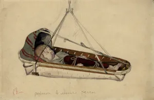 Cradle Prints: A child in a birch bark cradle, Selkups, 1920. Creator: A. G. Vargin