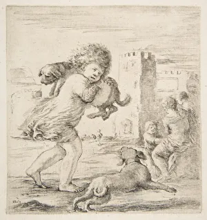 Puppies Prints: Child Carrying a Puppy on his Shoulder, ca. 1662. Creator: Stefano della Bella
