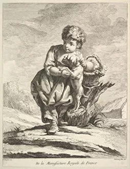 Cute Gallery: Child with a dog, holding a basket of grapes, from Premier Livre de Figures d aprè
