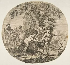 Round Collection: A child and a satyr child playing with a goat, ca. 1657. Creator: Stefano della Bella