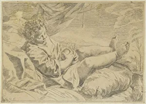A child sleeping on a cushion, holding a piece of fruit (?), a curtain behind him... 17th century. Creator: Anon