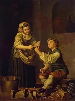 Handicraft Prints: Children Bandaging a Finger, 1781. Creator: Per Hillestrom