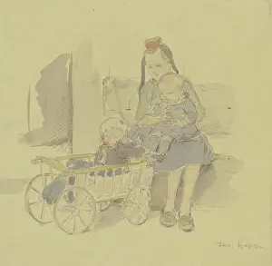 Crosses Prints: Three children with a cart, late 19th century. Creator: Jacob Happ