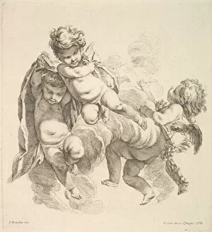 Chez Huquier Gallery: Three Children Among Clouds Carrying a Drapery, 1738-45. Creator: Gabriel Huquier