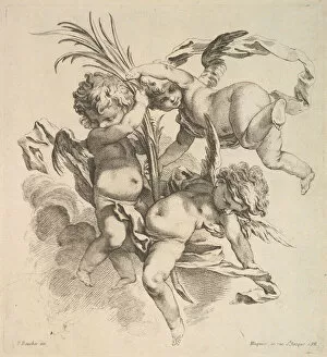 French Text Gallery: Three Children Among Clouds Near a Palm Leaf, 1738-45. Creator: Gabriel Huquier
