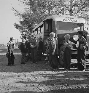 Omnibus Collection: The children from Dead Ox Flat get off bus at school yard, Ontario, Oregon, 1939