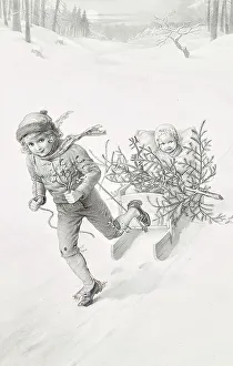 Two children driving through a winter landscape, c1900. Creator: Carl Froschl